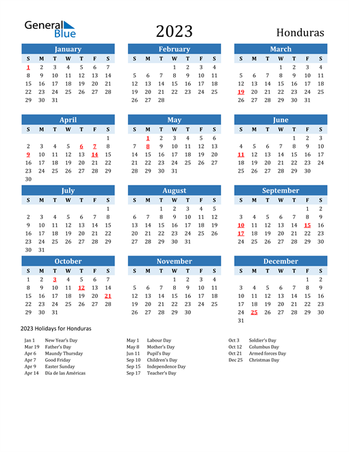 Printable Calendar 2023 with Honduras Holidays