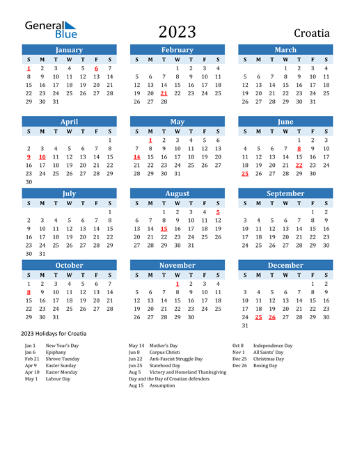Printable Calendar 2023 with Croatia Holidays