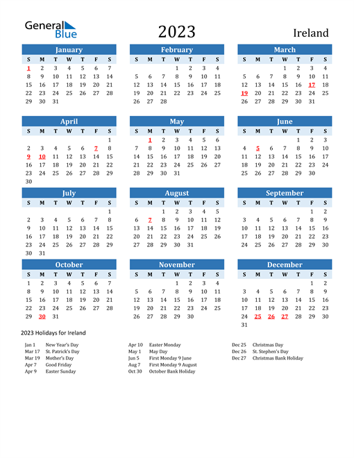 Printable Calendar 2023 with Ireland Holidays