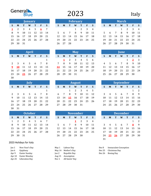 Printable Calendar 2023 with Italy Holidays