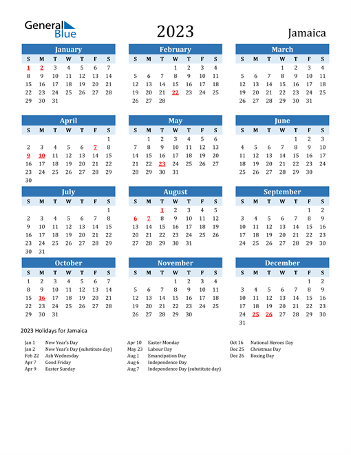 Printable Calendar 2023 with Jamaica Holidays