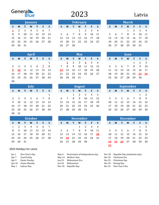 Printable Calendar 2023 with Latvia Holidays