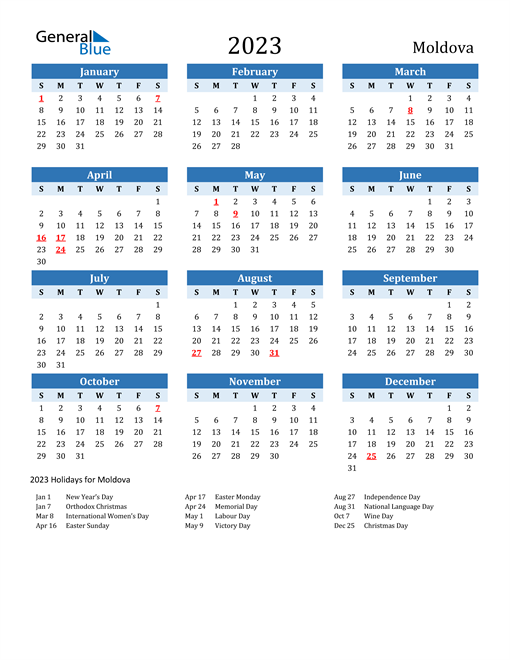 Printable Calendar 2023 with Moldova Holidays