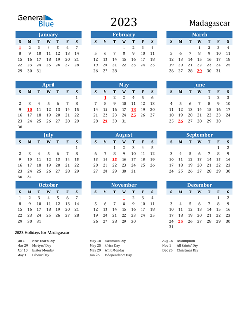 Printable Calendar 2023 with Madagascar Holidays