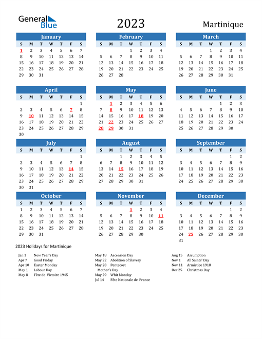 Printable Calendar 2023 with Martinique Holidays
