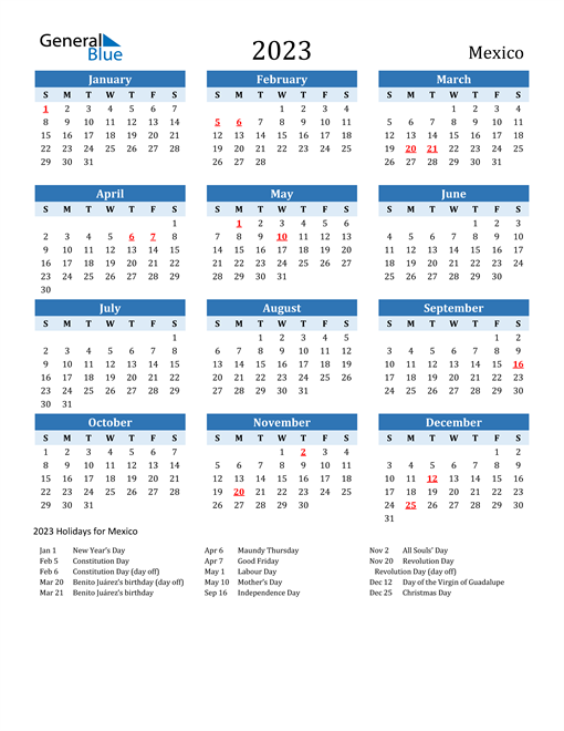 Printable Calendar 2023 with Mexico Holidays