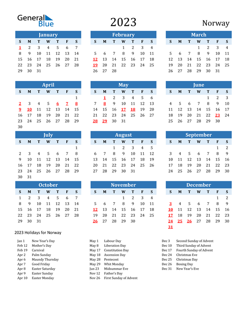 Printable Calendar 2023 with Norway Holidays