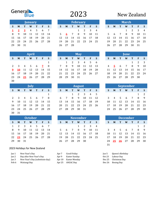 Printable Calendar 2023 with New Zealand Holidays
