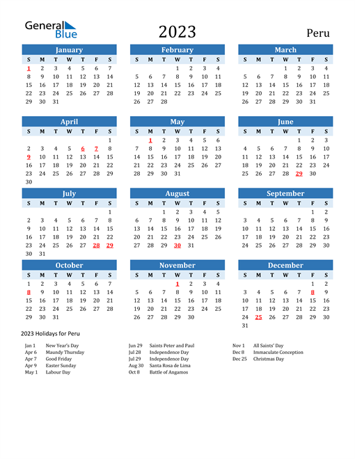 Printable Calendar 2023 with Peru Holidays