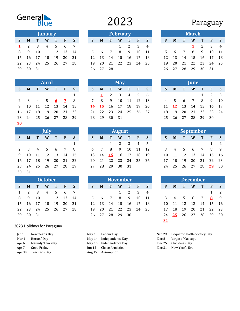 Printable Calendar 2023 with Paraguay Holidays