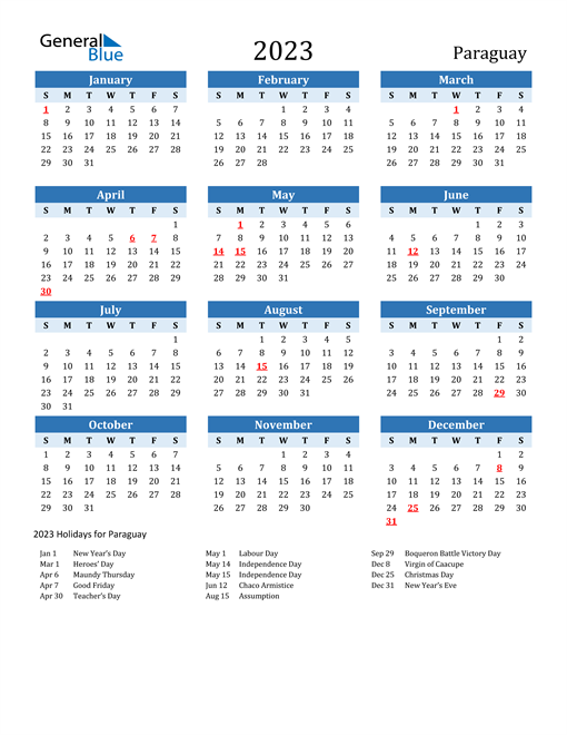 Printable Calendar 2023 with Paraguay Holidays