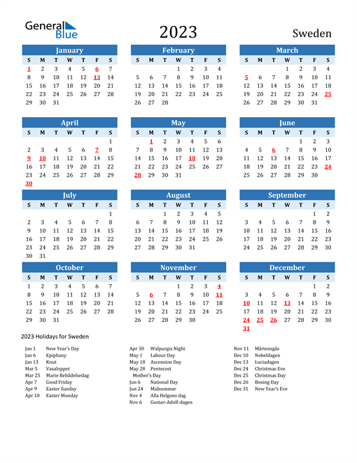 Printable Calendar 2023 with Sweden Holidays