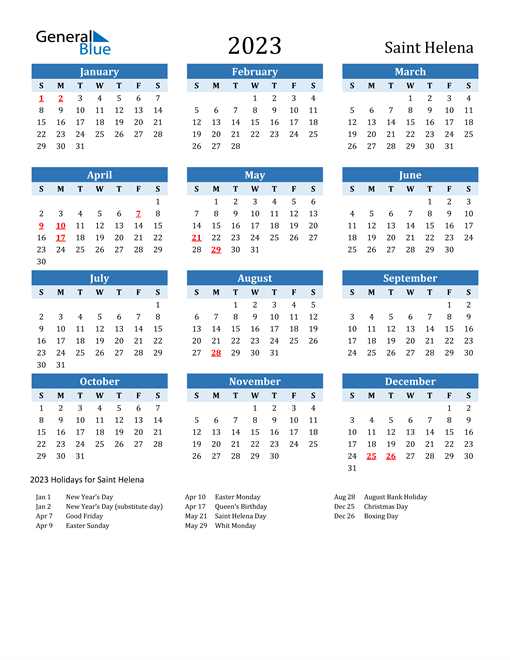Printable Calendar 2023 with Saint Helena Holidays