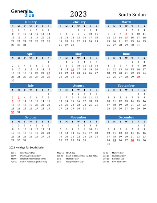 Printable Calendar 2023 with South Sudan Holidays