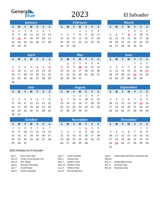 Printable Calendar 2023 with El Salvador Holidays