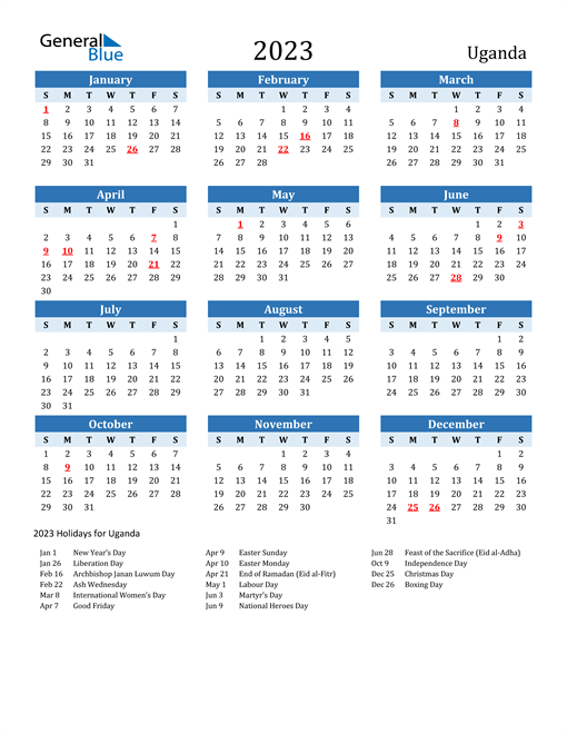 Printable Calendar 2023 with Uganda Holidays