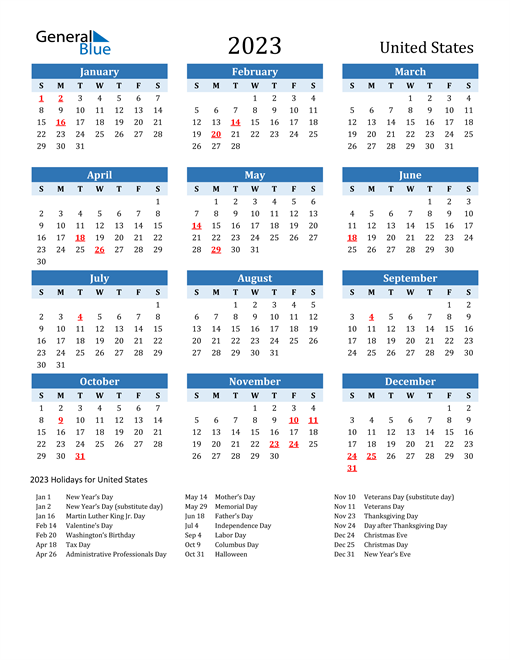 Printable Calendar 2023 with United States Holidays