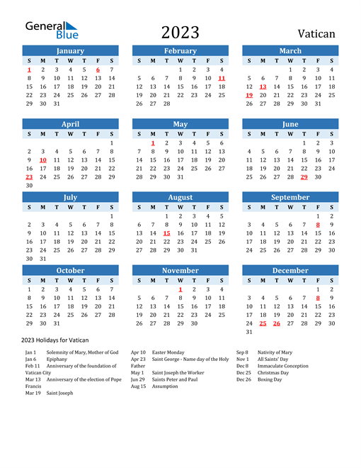 Printable Calendar 2023 with Vatican Holidays