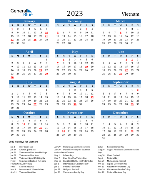 Printable Calendar 2023 with Vietnam Holidays