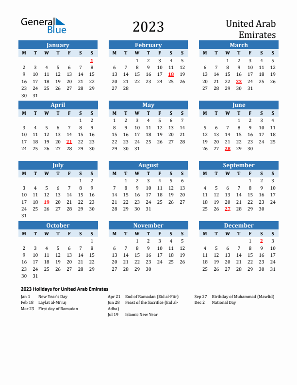 Printable Calendar 2023 with United Arab Emirates Holidays (Monday Start)