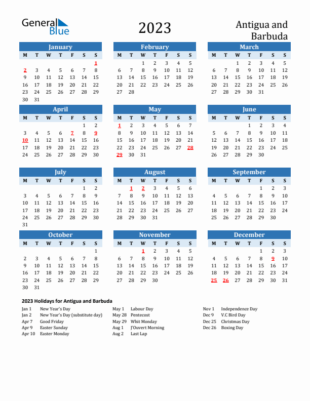 Printable Calendar 2023 with Antigua and Barbuda Holidays (Monday Start)