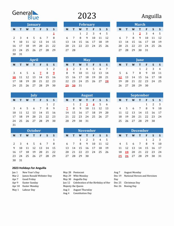 Printable Calendar 2023 with Anguilla Holidays (Monday Start)