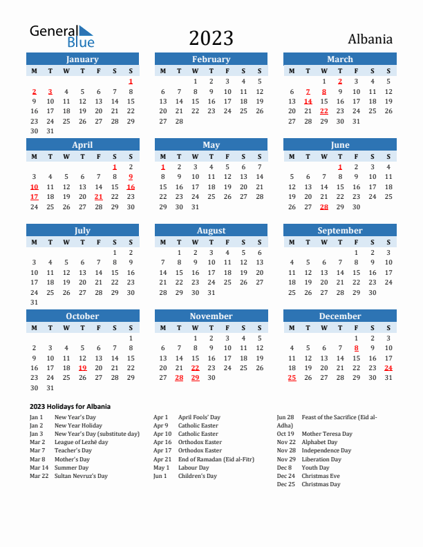 Printable Calendar 2023 with Albania Holidays (Monday Start)
