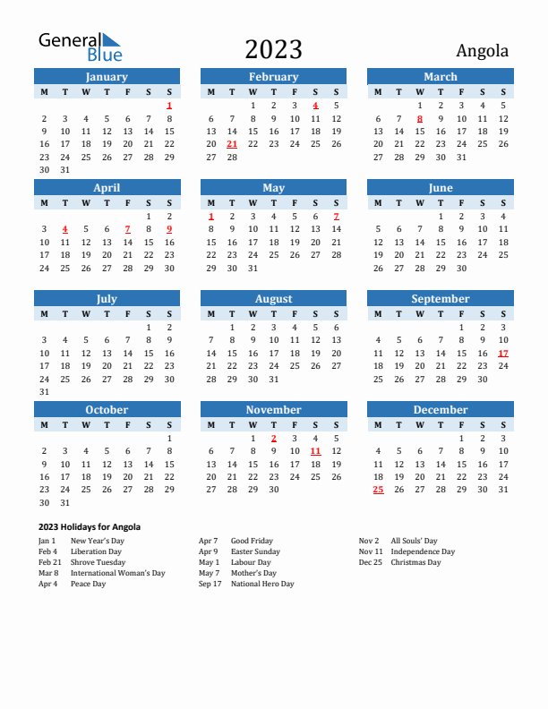 Printable Calendar 2023 with Angola Holidays (Monday Start)