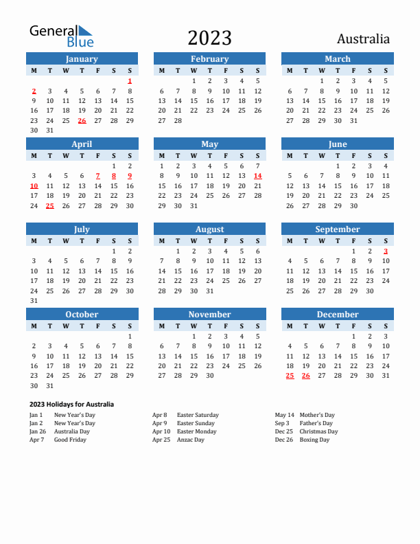 Printable Calendar 2023 with Australia Holidays (Monday Start)