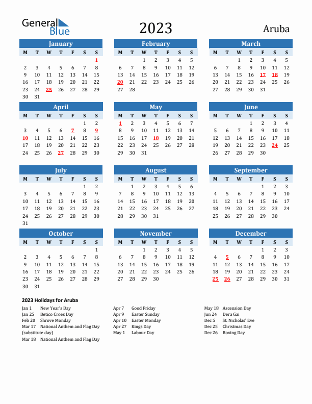 Printable Calendar 2023 with Aruba Holidays (Monday Start)