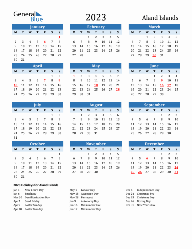 Printable Calendar 2023 with Aland Islands Holidays (Monday Start)