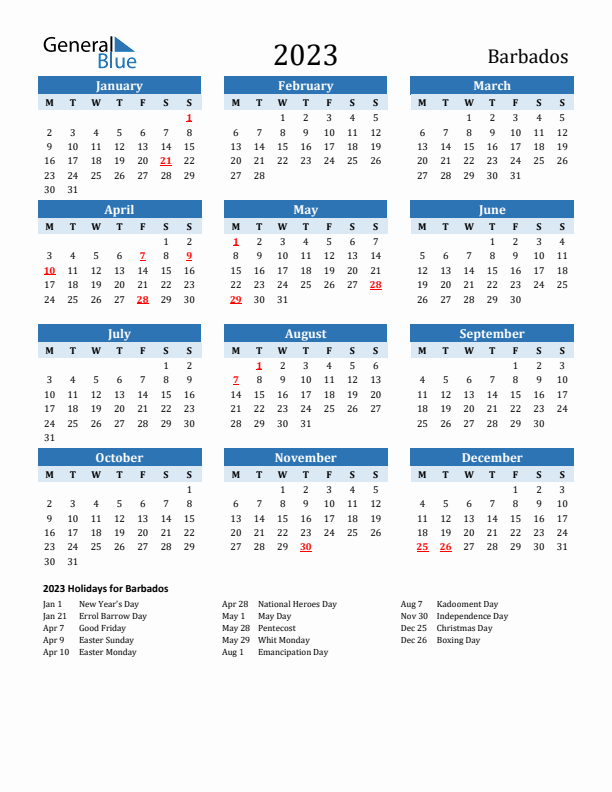 Printable Calendar 2023 with Barbados Holidays (Monday Start)