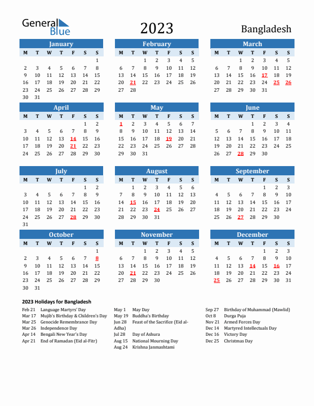 Printable Calendar 2023 with Bangladesh Holidays (Monday Start)