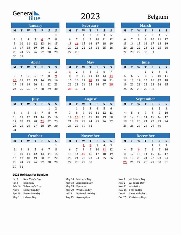 Printable Calendar 2023 with Belgium Holidays (Monday Start)