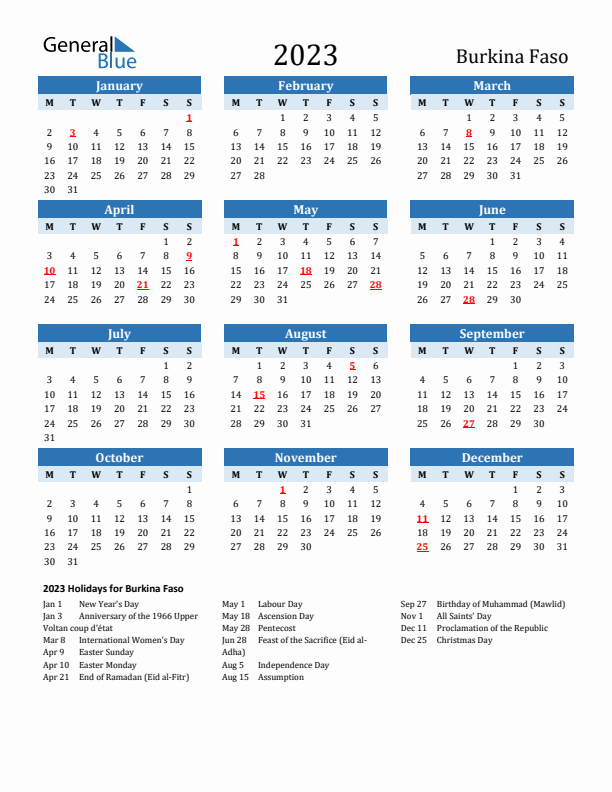 Printable Calendar 2023 with Burkina Faso Holidays (Monday Start)
