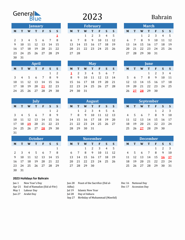 Printable Calendar 2023 with Bahrain Holidays (Monday Start)