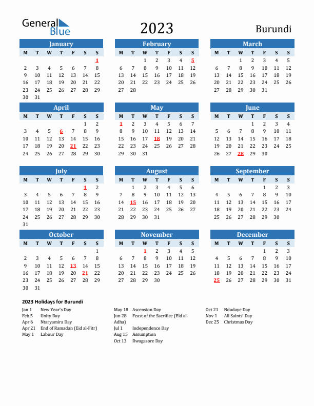 Printable Calendar 2023 with Burundi Holidays (Monday Start)
