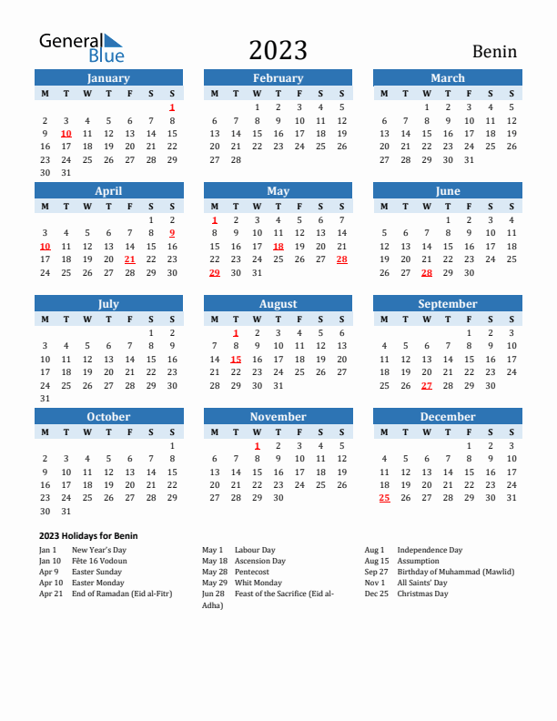 Printable Calendar 2023 with Benin Holidays (Monday Start)