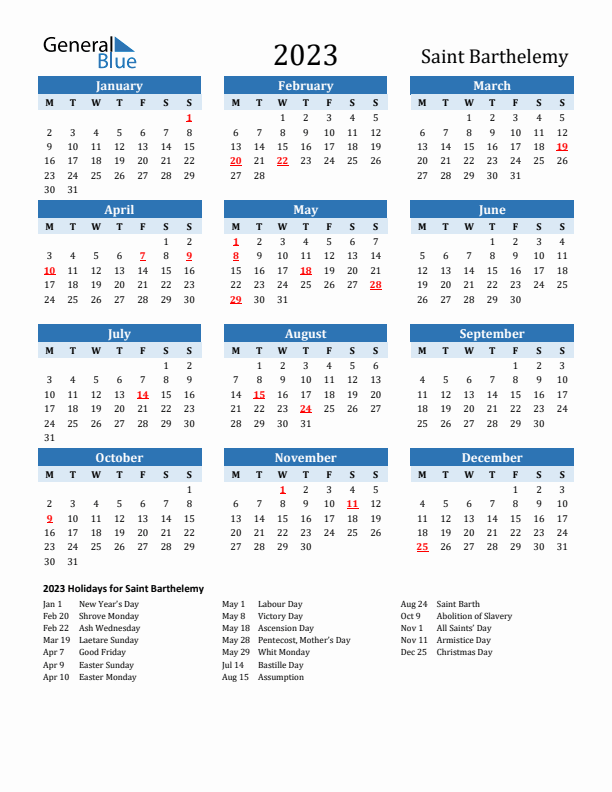 Printable Calendar 2023 with Saint Barthelemy Holidays (Monday Start)