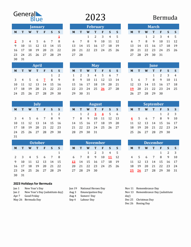 Printable Calendar 2023 with Bermuda Holidays (Monday Start)