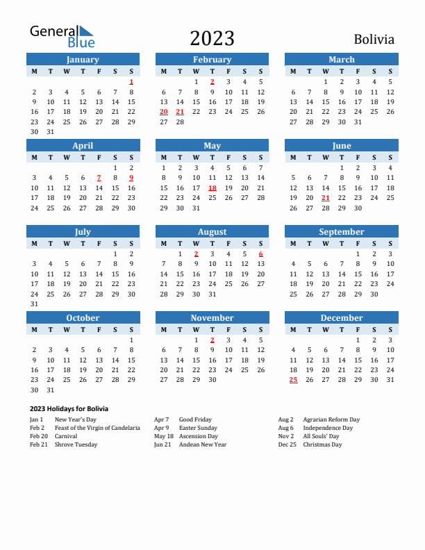 Printable Calendar 2023 with Bolivia Holidays (Monday Start)