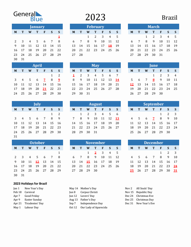Printable Calendar 2023 with Brazil Holidays (Monday Start)