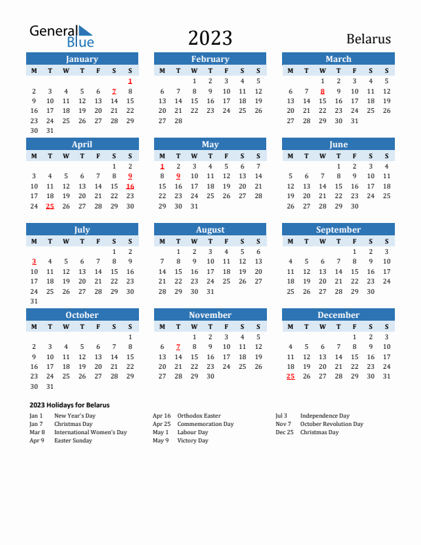 Printable Calendar 2023 with Belarus Holidays (Monday Start)