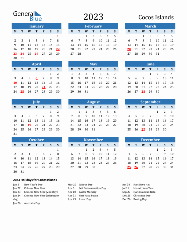 Printable Calendar 2023 with Cocos Islands Holidays (Monday Start)