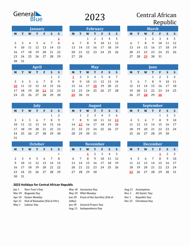 Printable Calendar 2023 with Central African Republic Holidays (Monday Start)
