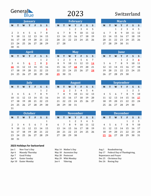 Printable Calendar 2023 with Switzerland Holidays (Monday Start)