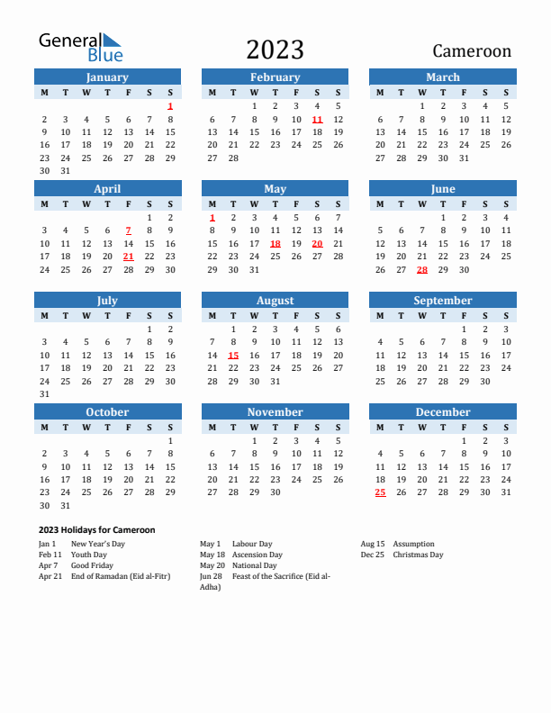 Printable Calendar 2023 with Cameroon Holidays (Monday Start)