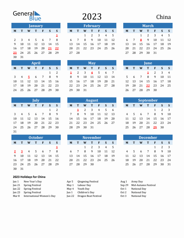 Printable Calendar 2023 with China Holidays (Monday Start)
