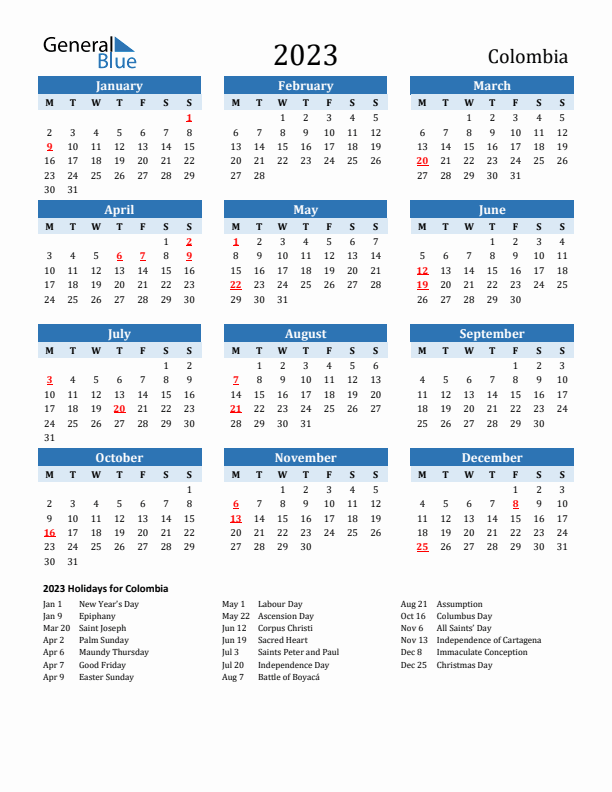 Printable Calendar 2023 with Colombia Holidays (Monday Start)