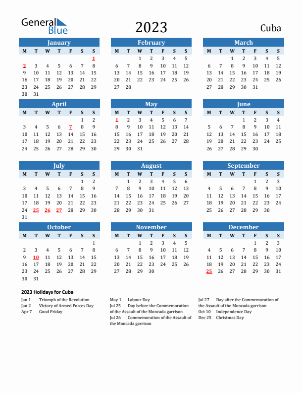 Printable Calendar 2023 with Cuba Holidays (Monday Start)